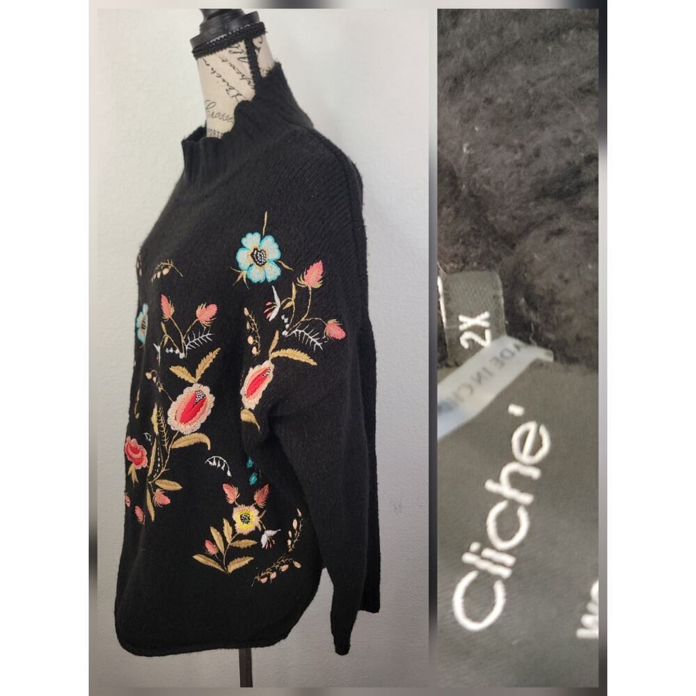 Cliché Sweater Womens SZ 2X Embroidered Floral Black Boho Cottagecore Pullover